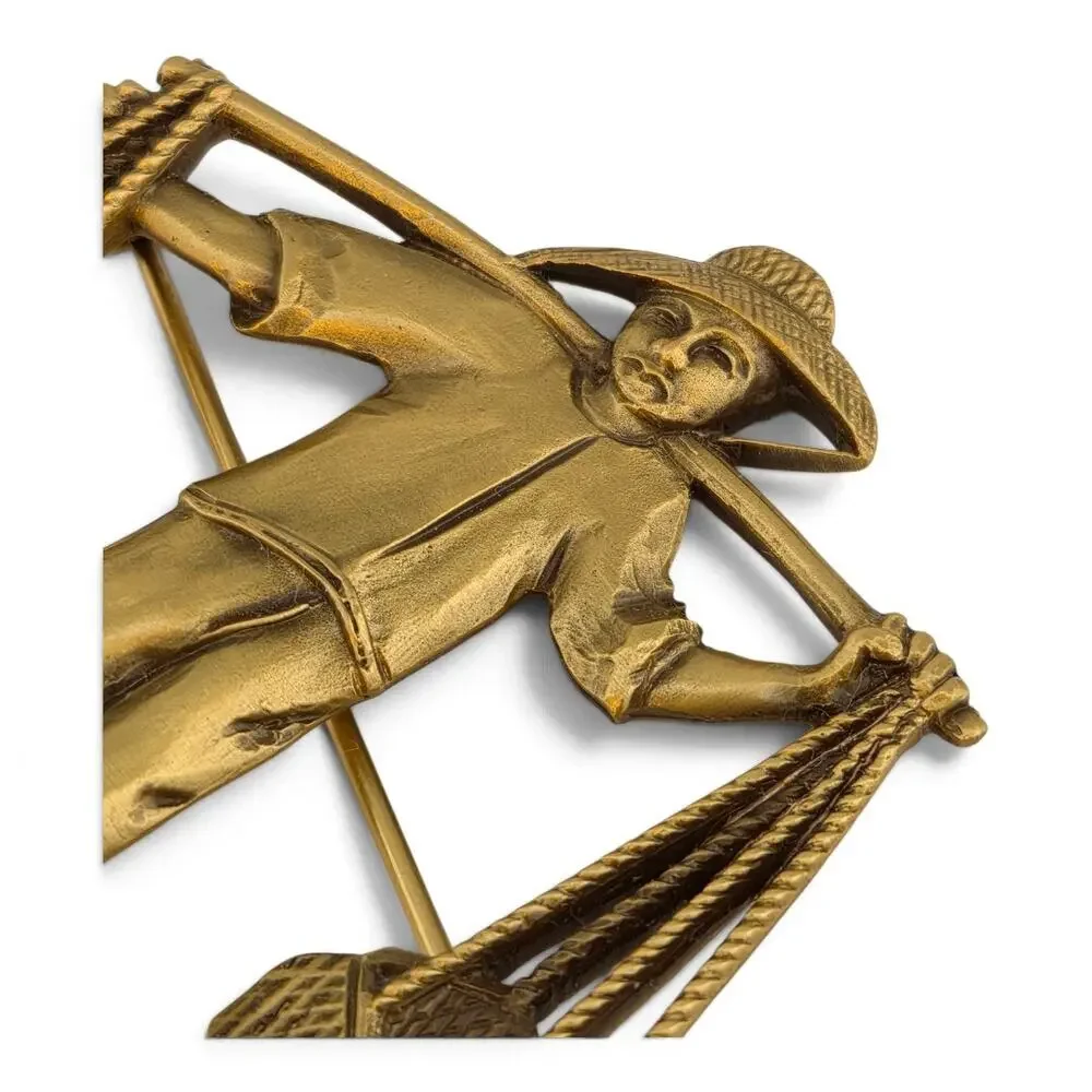 Vintage PEM Asian Figural Brooch Basket Carrier Gold Tone Signed